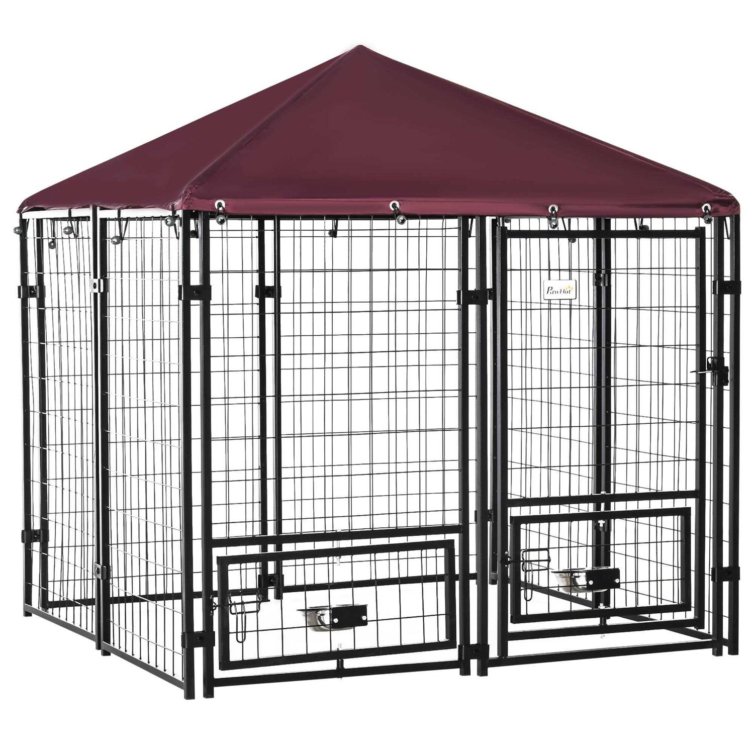 PawHut Indoor/Outdoor Metal Dog Kennel, Dog House with Lock, Weather Resistant Canopy and 2 Bowl Holders and Bowls - Healthber