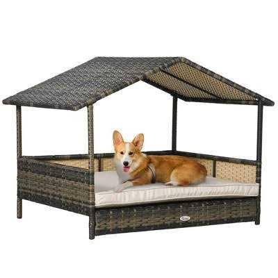PawHut Wicker Dog House Elevated Raised Rattan Bed for Indoor/Outdoor with Removable Cushion Lounge - Healthber