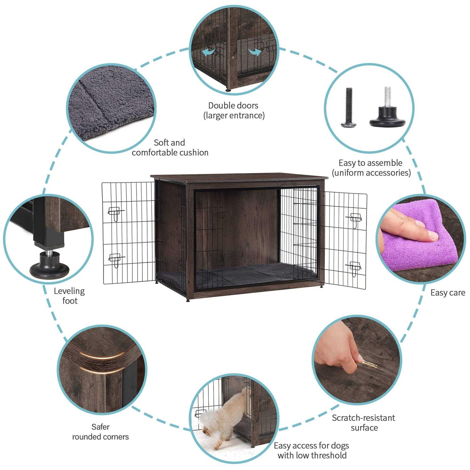 DWANTON Dog Crate Furniture with Cushion Wooden Dog Crate with Double Doors - Healthber