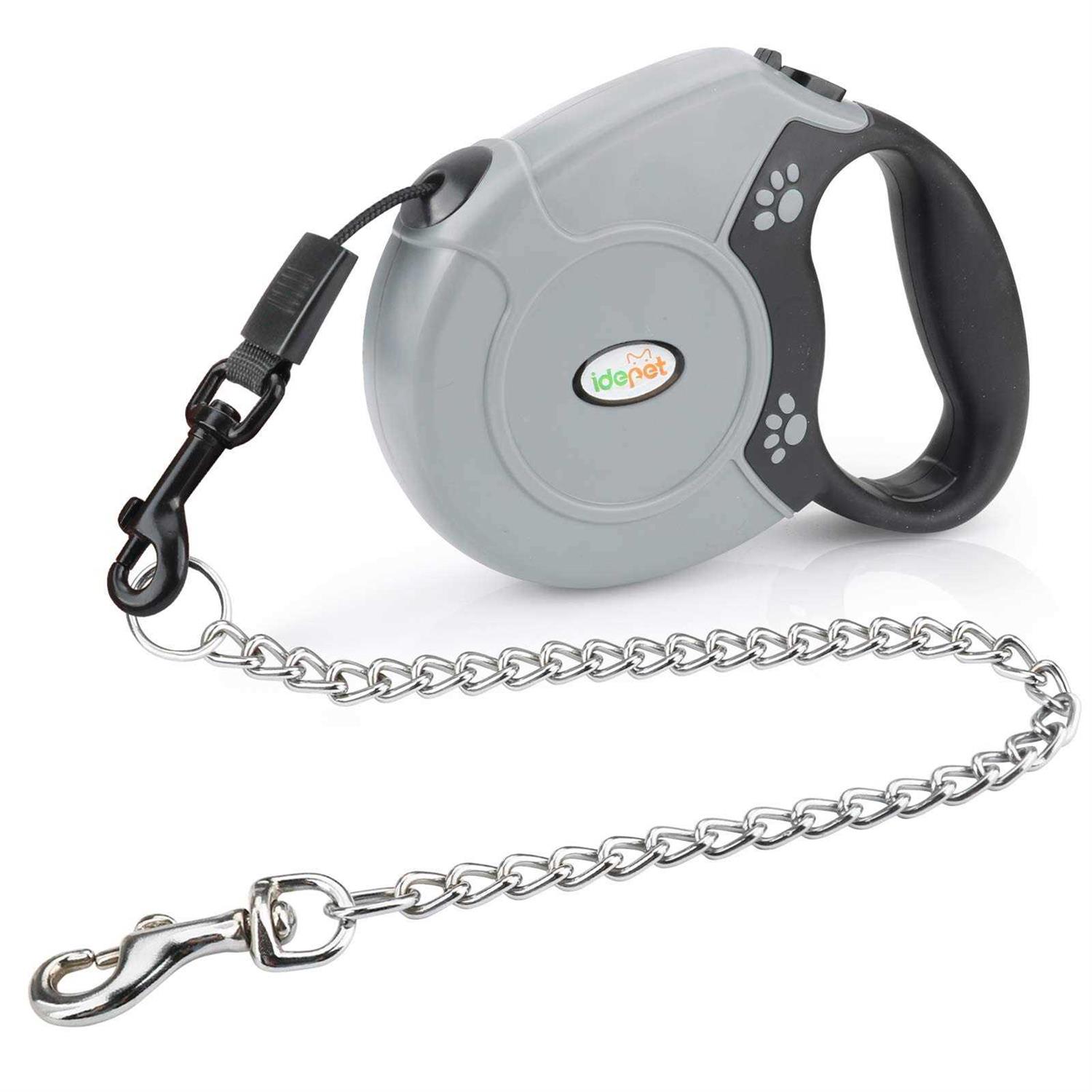 Idepet Heavy Duty Retractable Dog Leash for Small and Medium Dogs, Anti-Chewing Steel Chain 360 Degree Tangle-Free,Break and Lock System,16ft Leash - Healthber