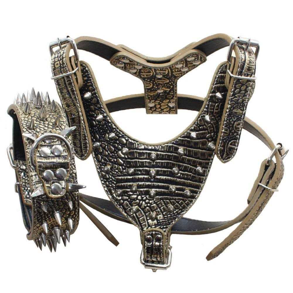 Haoyueer Leather Spiked Studded Medium & Large Dog Collars Harnesses Matching Set for Pit Bull,Mastiff - Healthber