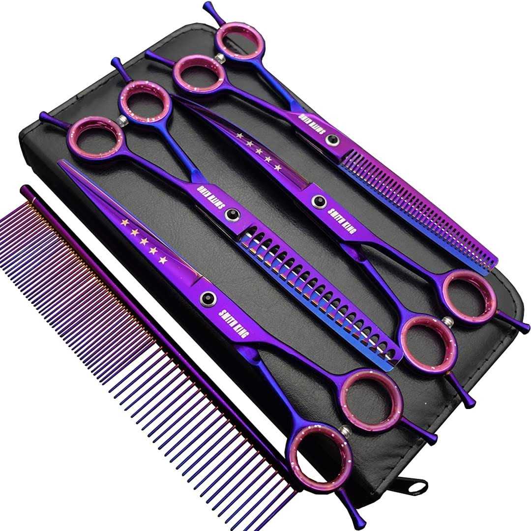 Smithking 7.0 inches Professional Dog Grooming Scissors Set Straight & thinning & Curved & chunkers 4pcs in 1 Set - Healthber