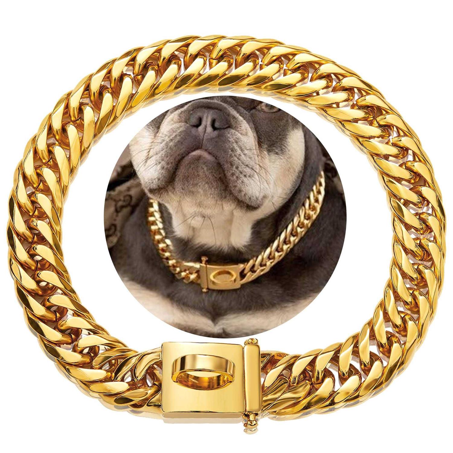 W/W Lifetime Gold Chain Dog Collar 16MM 18K Gold Cuban Link Dog Collar with Secure Snap Buckle - Healthber