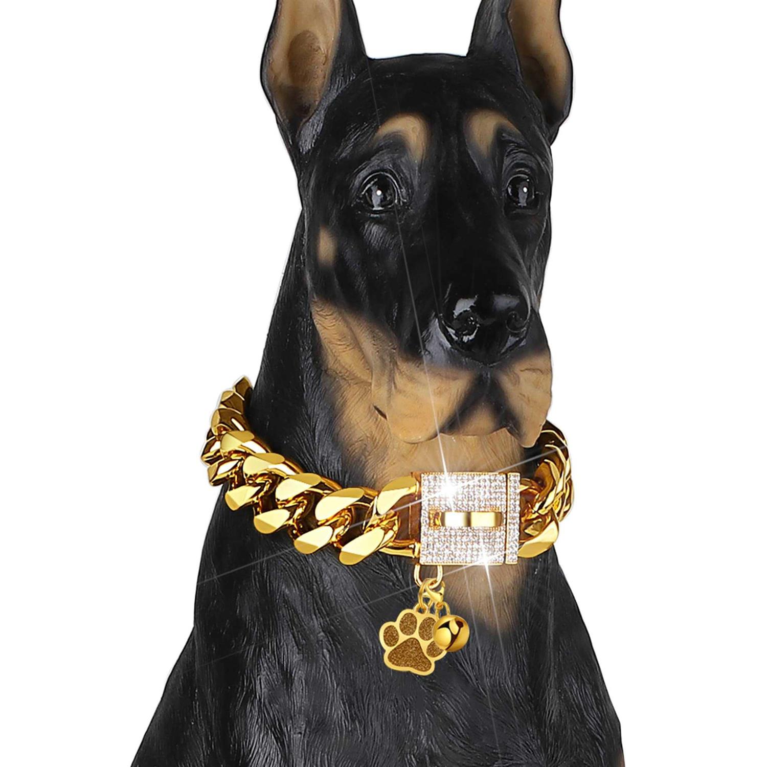 LuxLife Dog Chain Collar Designer Luxury Dog Collar Gold with CZ Buckle 19mm Cuban Link Dog Chain Metal Dog Collars for Puppy Small Medium Large - Healthber
