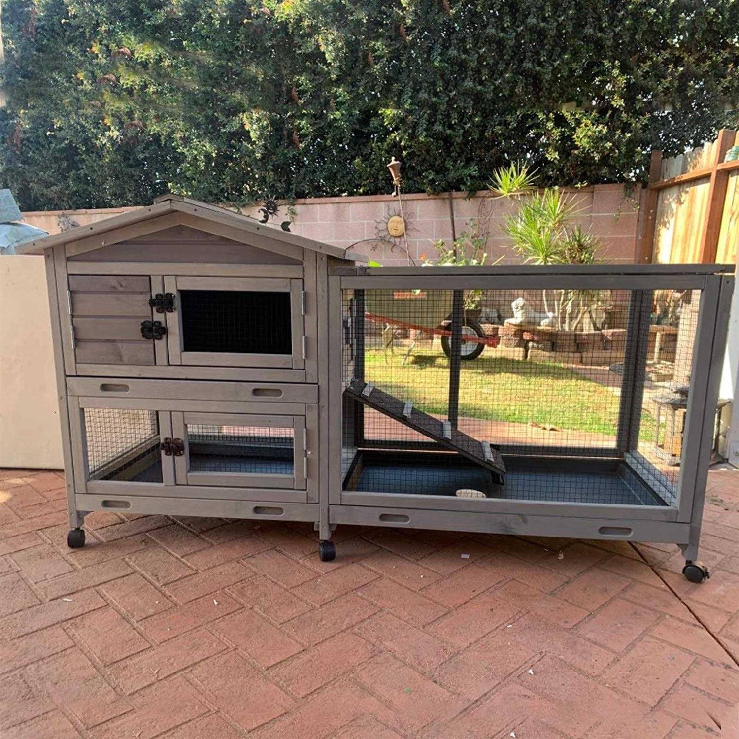 Outdoor Rabbit Hutch Indoor Bunny House on Wheels Large Guinea Pig Cage with Run for Any Small Animals,Removable Pull Out Tray - Healthber