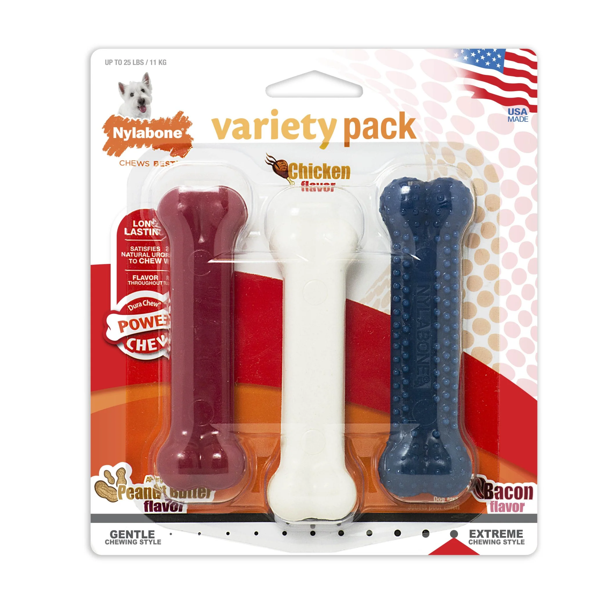 Power Chew Variety Triple Pack, Chicken, Bacon & Peanut Butter, Small/Regular, Up to 25 Ibs - Healthber