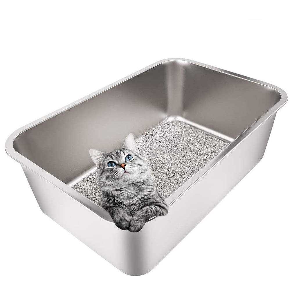 Yangbaga Stainless Steel Litter Box for Cat and Rabbit, Large Size with 8in High Sides and Non Slip Rubber Feet. Odor Control - Healthber