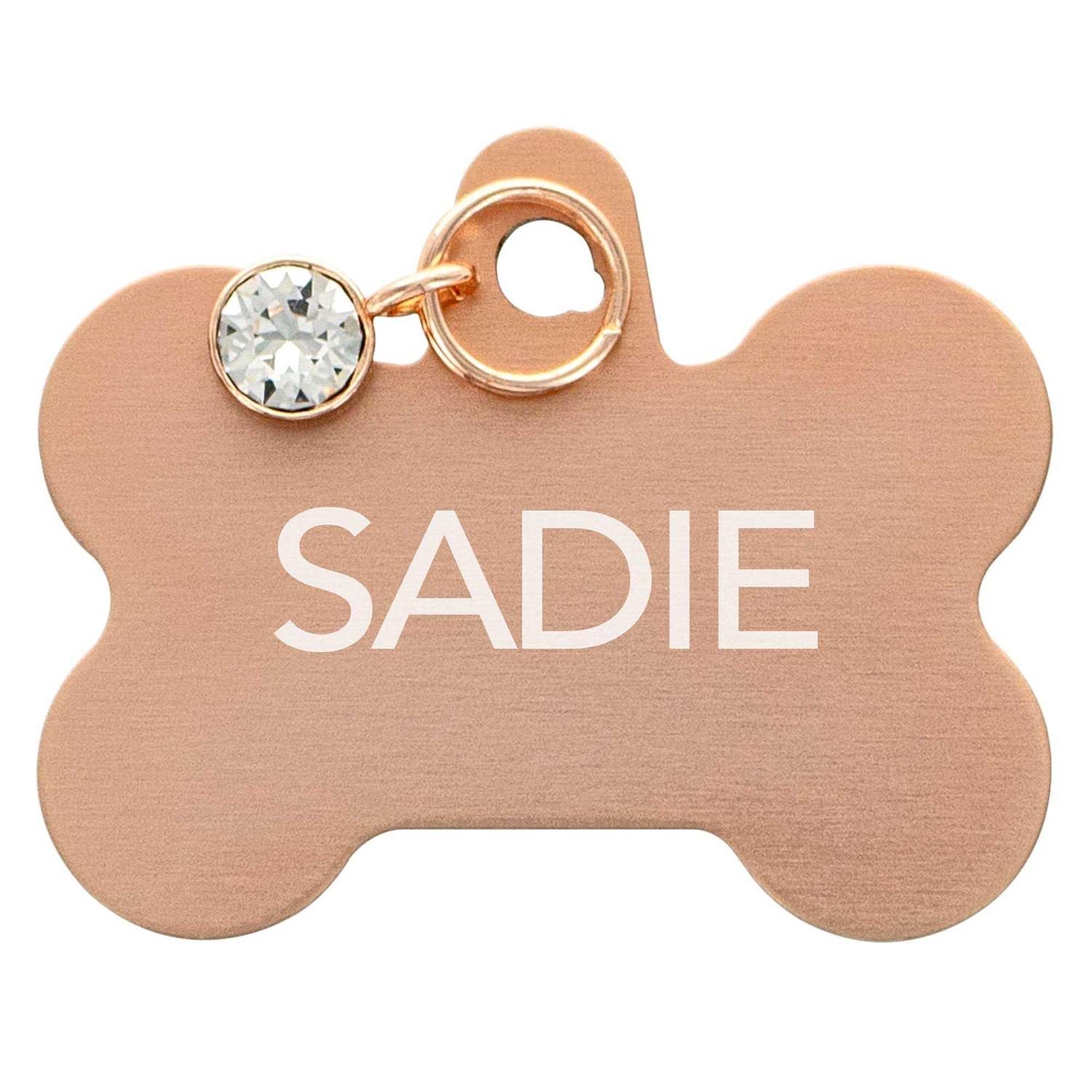 TagWorks Rose Gold Bone with Crystal Charm Personalized Pet ID Tag - Healthber