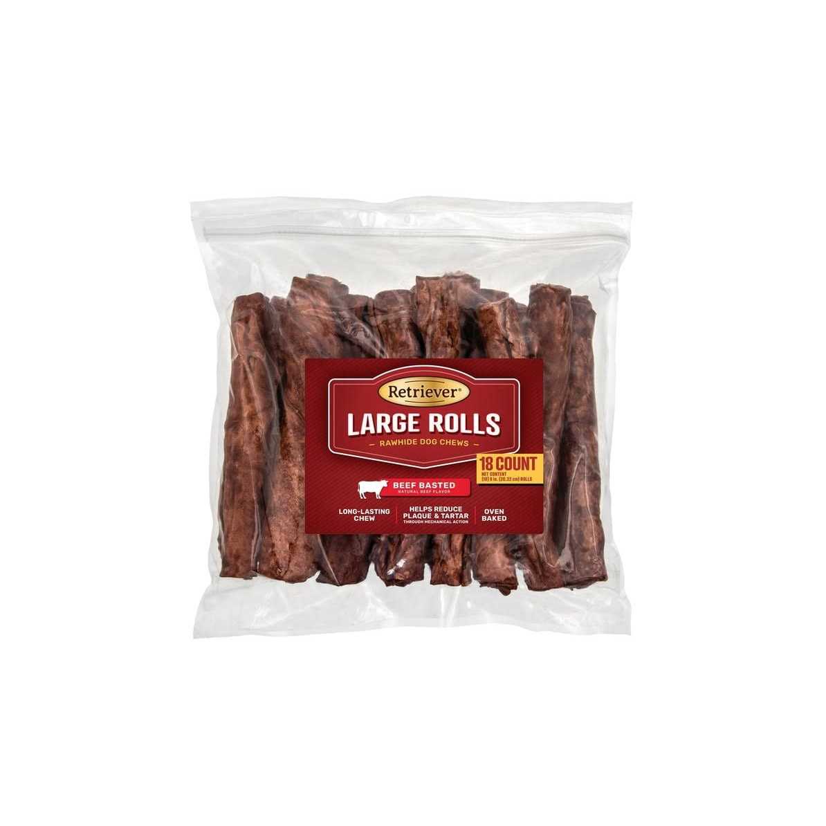 Retriever Large Rolls Beef Basted Flavor Rawhide Dog Chew Treats - Healthber