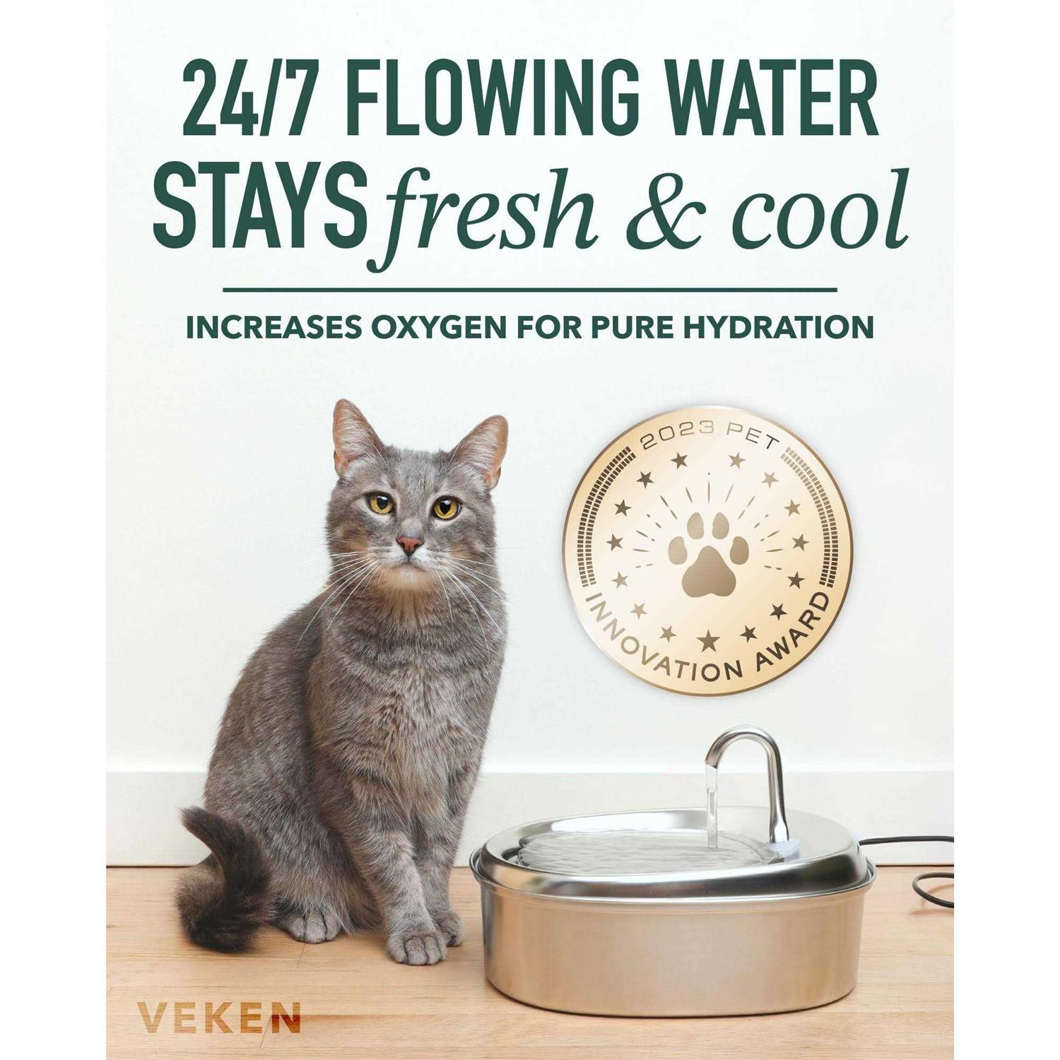 Innovation Award Winner Veken 85oz/2.5L Oval Stainless Steel Pet Fountain, Automatic Cat and Dog Water Dispenser with Smart Pump for Cats - Healthber
