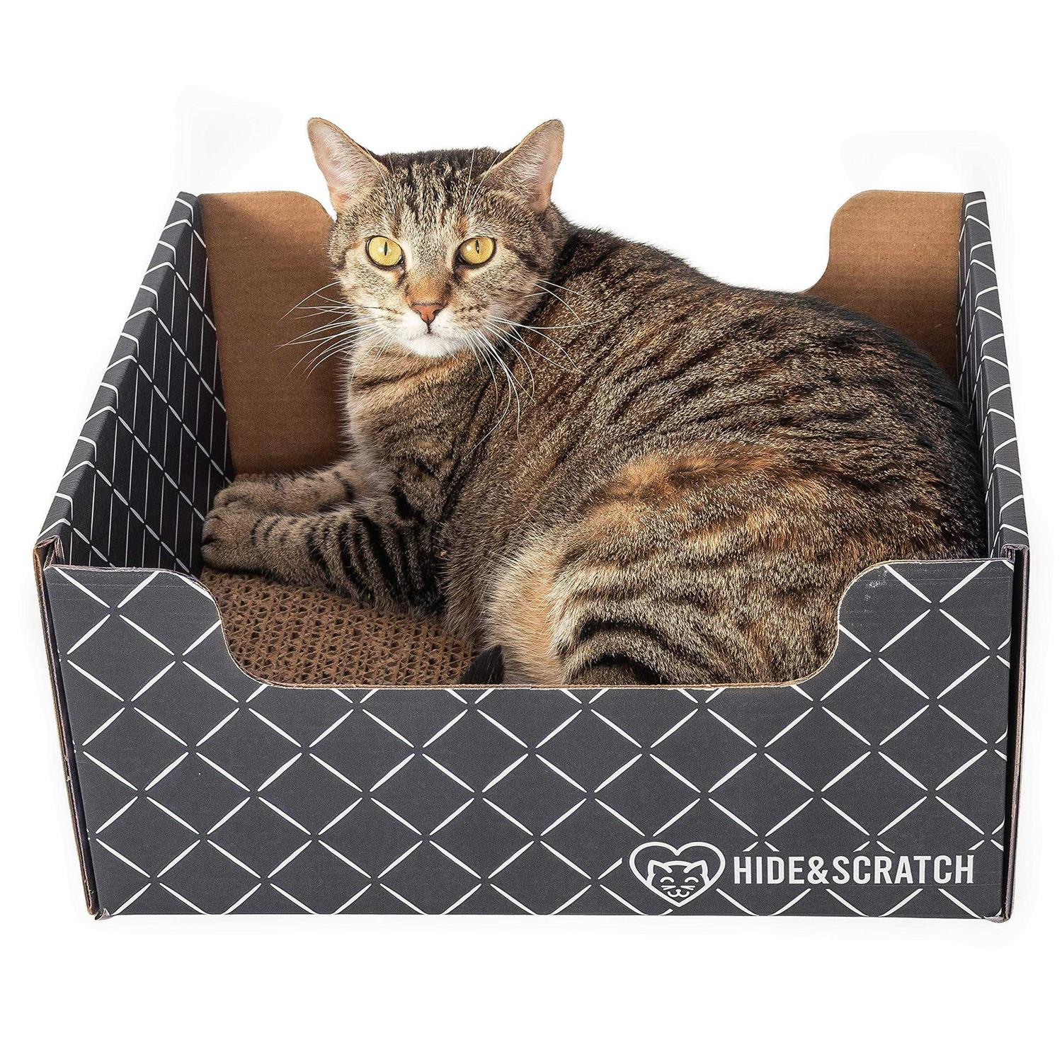 Hide & Scratch Extra-Large Heavy Duty Cardboard Cat Scratcher and Lounger Box with Refillable Scratch Pad - Healthber