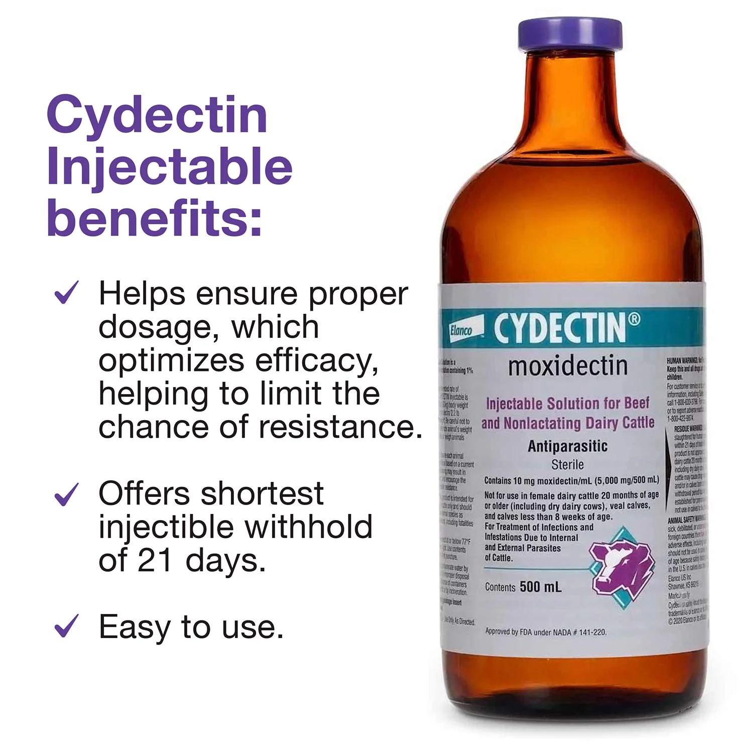 Cydectin Injectable Cattle Dewormer, 500 mL - Healthber