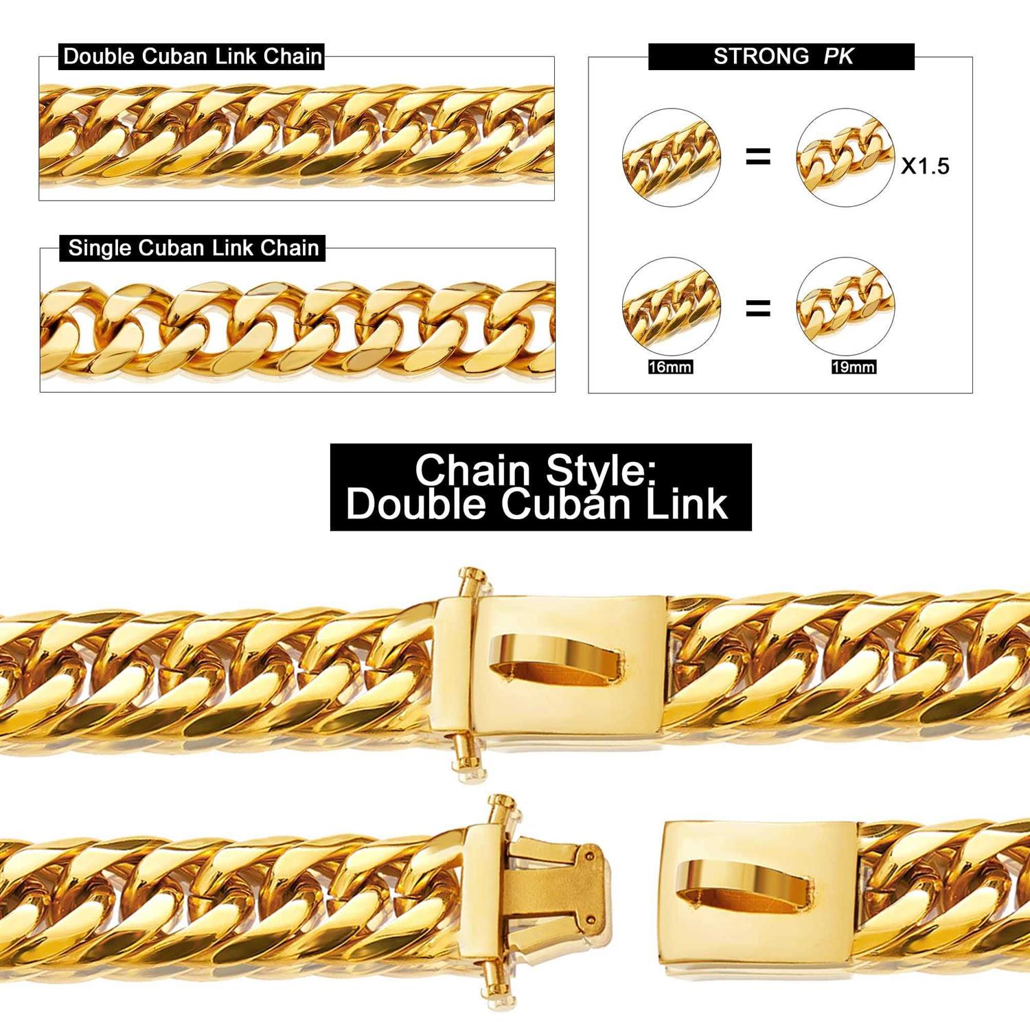 W/W Lifetime Gold Chain Dog Collar 16MM 18K Gold Cuban Link Dog Collar with Secure Snap Buckle - Healthber