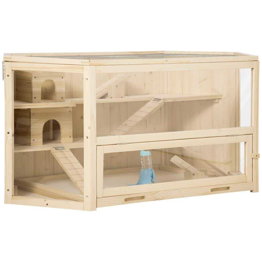 PawHut 3 Tier Wooden Large Hamster Cage Small Animal House with Slide and Activity Center - Healthber
