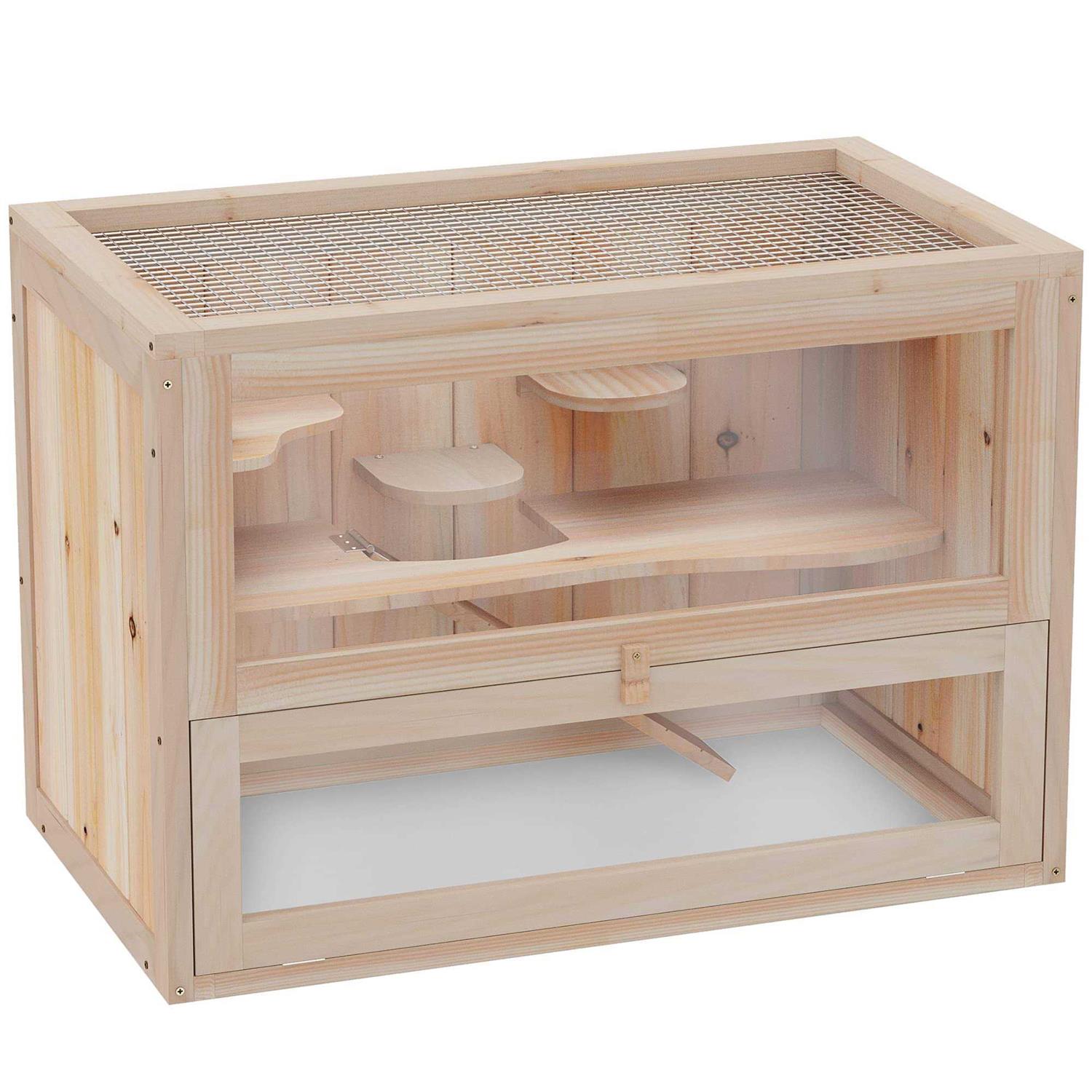 Pawhut 2-Level Hamster Cage Mice and Rat House, Small Animal Habitat for Guinea Pigs, Chinchillas with Openable Top, Front Door, Shelf and Ladder - Healthber
