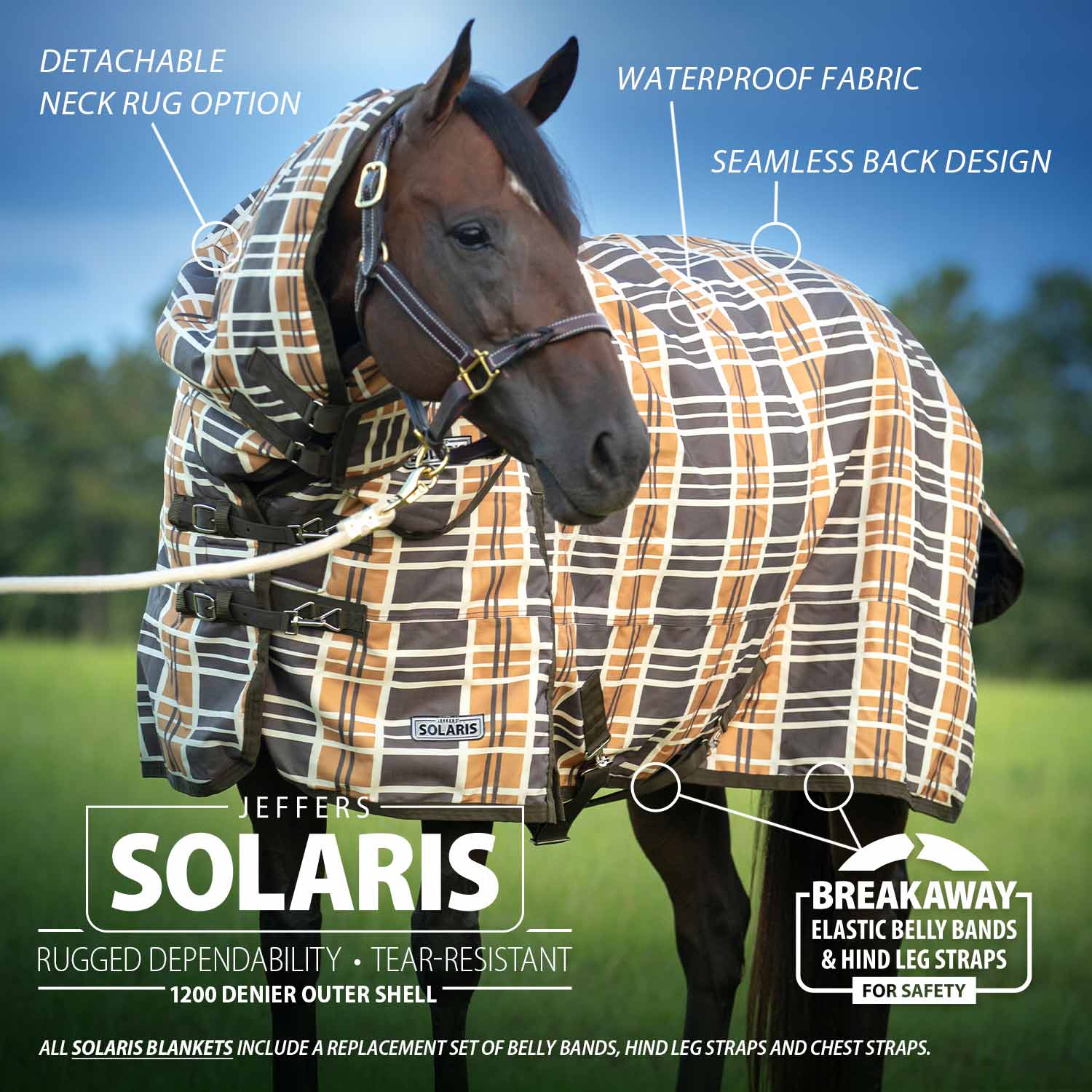 Solaris 1200 Denier Heavyweight Horse Turnout Blanket with Neck Rug. 360g Fill, Brown & Cream Plaid - Healthber