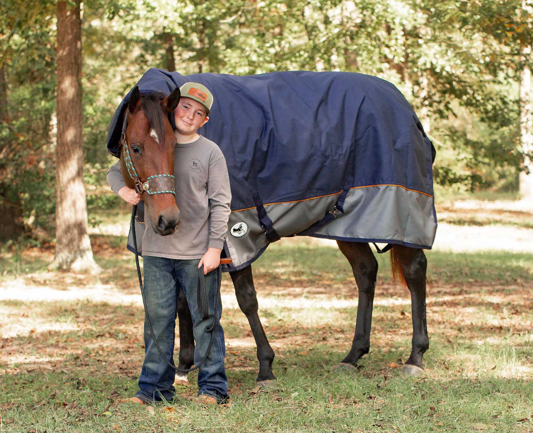 Economy Plus Combo Neck Horse Turnout Blanket, 1200D, 360g Fill, Navy/Gray - Healthber