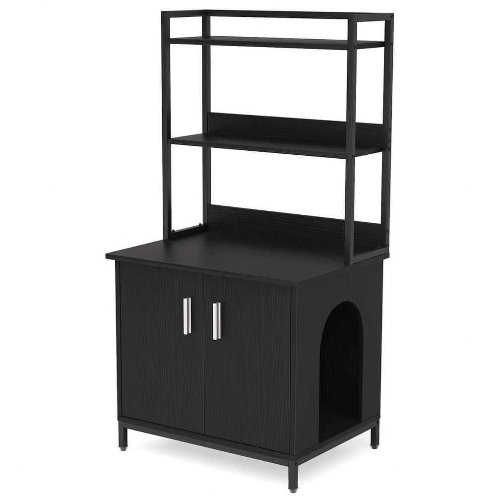 Kellum Black Litter Box Enclosure, Industrial Cat Cabinet with Shelves and Doors - Healthber