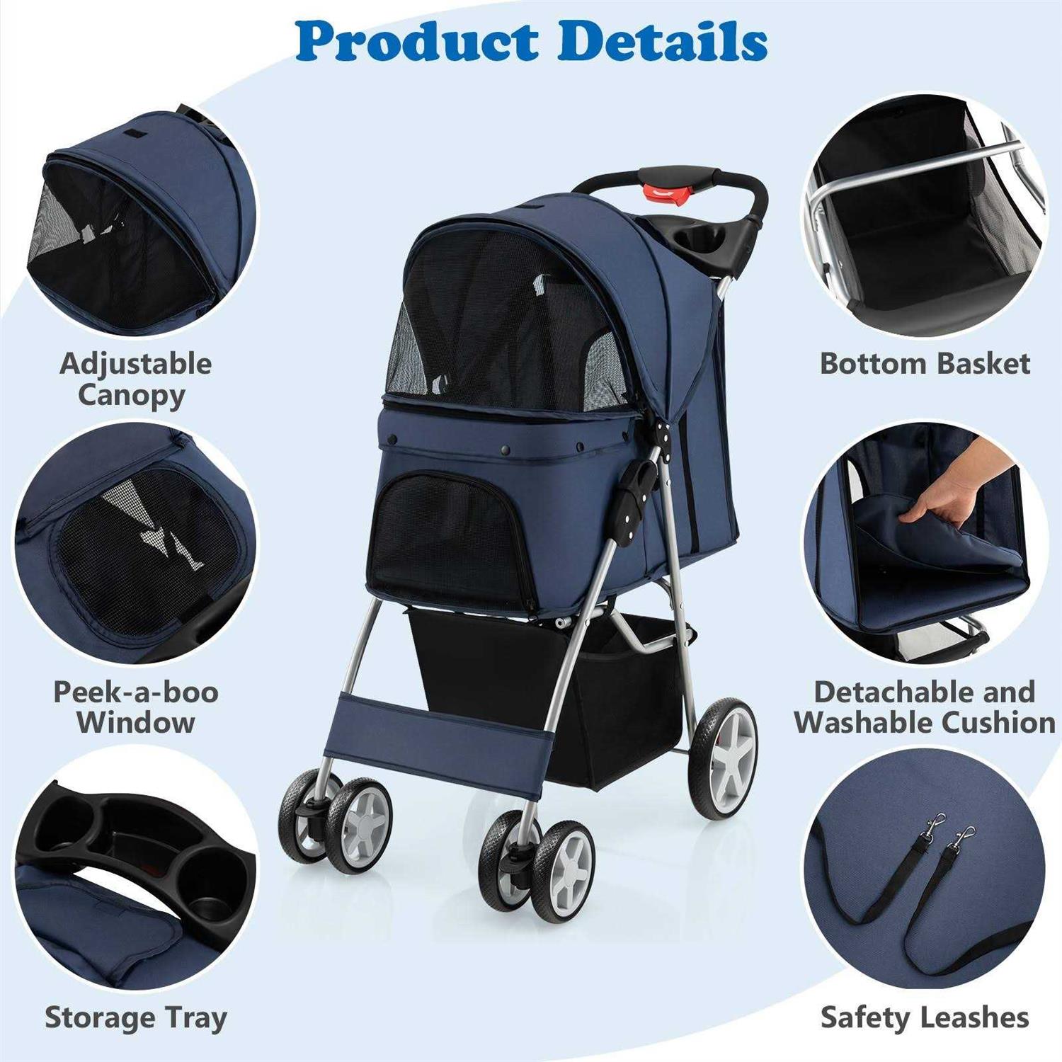 Costway Foldable 4-Wheel Pet Stroller with Storage Basket - Healthber