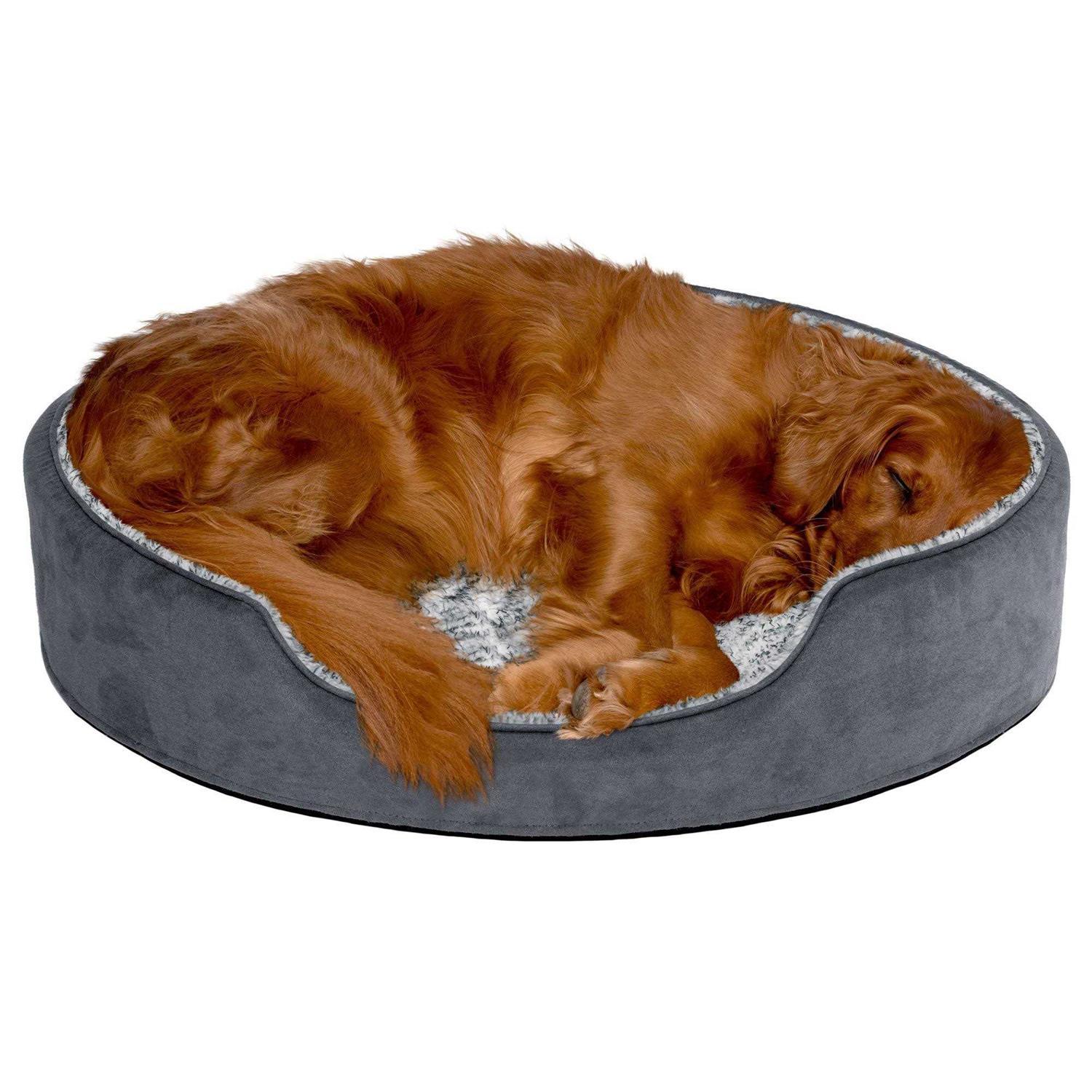 FurHaven Two-Tone Fur & Suede Oval Dog Bed - Healthber