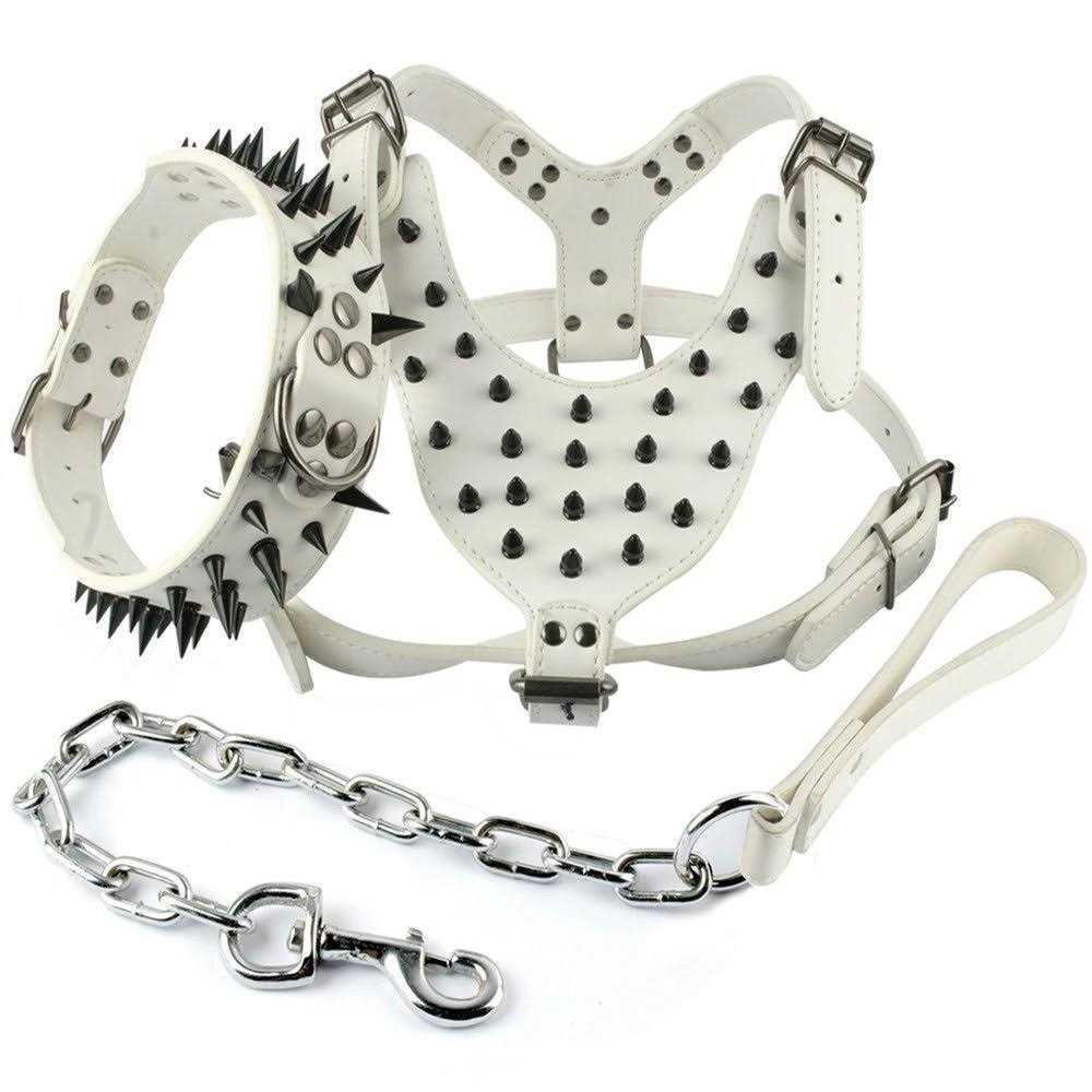Berry Pet Black Leather Spikes Studded Medium & Large Dog Collar & Leash & Harness 3 Pcs Set for Pitbull Boxer - Healthber