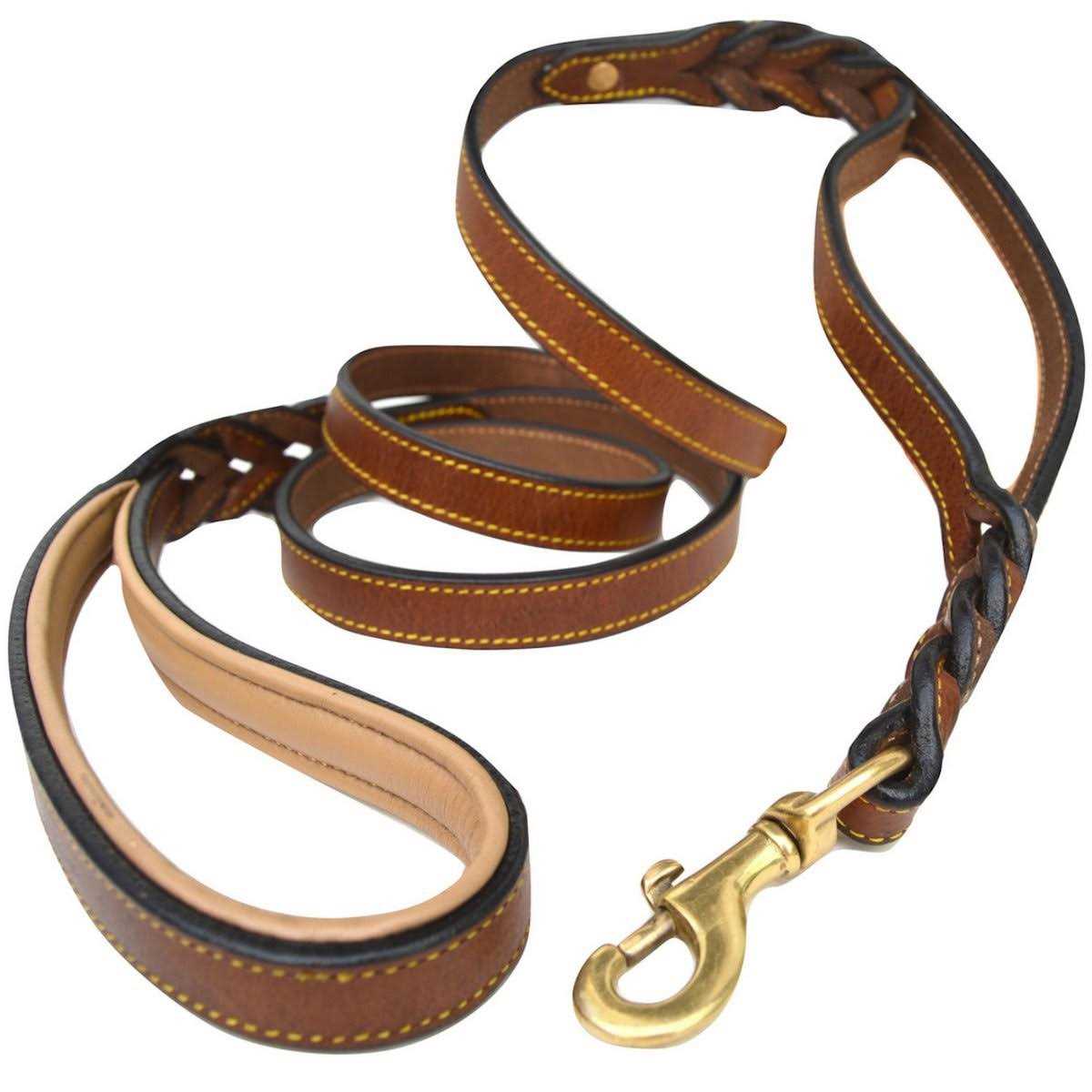 Soft Touch Collars 6 Foot Braided Leather Dog Leash with Traffic Handle, Two Handles for Training and Safety - Healthber