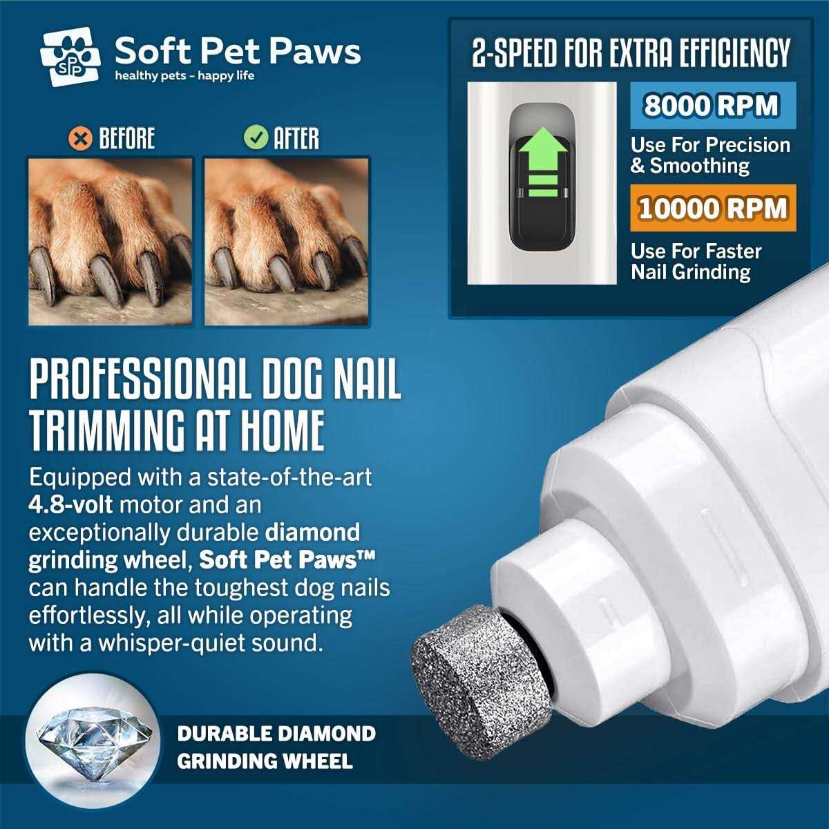 Soft Pet Paws Dog Nail Grinder Ultra Quiet Operation Upgraded Dog Nail Trimmer with 2 LED Lights - Healthber