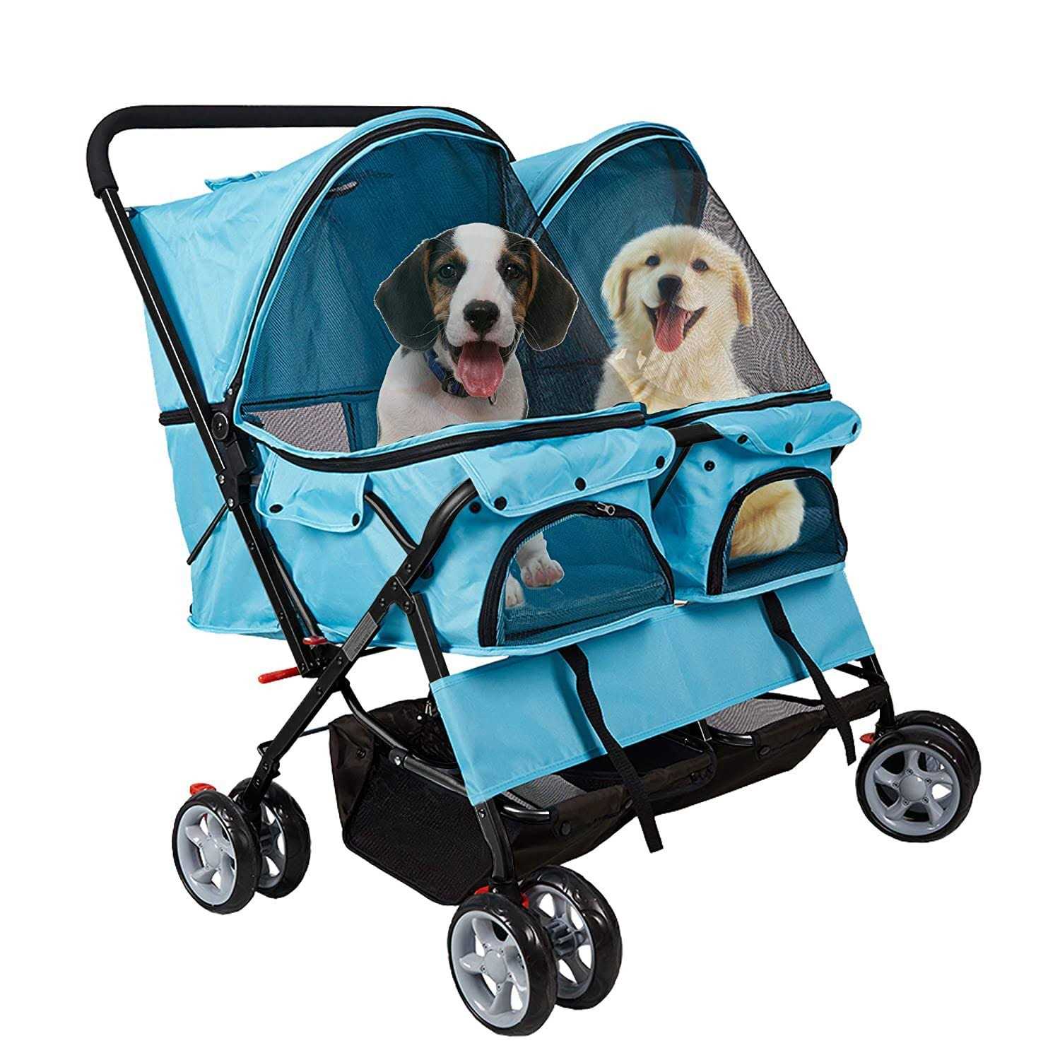 Dporticus Double Pet Stroller Foldable Stroller for 2 Dogs Cats Two-Seater Carrier Strolling Cart for Dog Cat and More Multiple Colors - Healthber