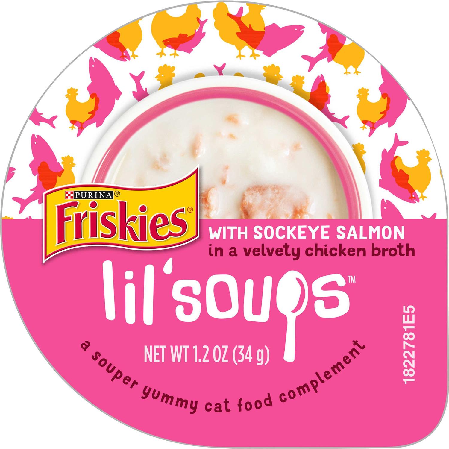 Friskies Lil’ Soups with Sockeye Salmon in a Velvety Chicken Broth Lickable Cat Food Topper, 1.2-oz cup, case of 8 - Healthber