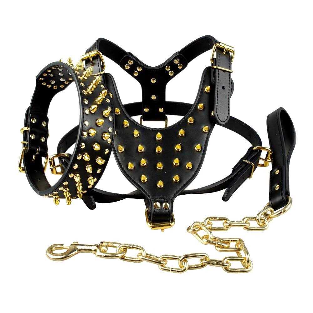 Berry Pet Black Leather Spikes Studded Medium & Large Dog Collar & Leash & Harness 3 Pcs Set for Pitbull Boxer - Healthber