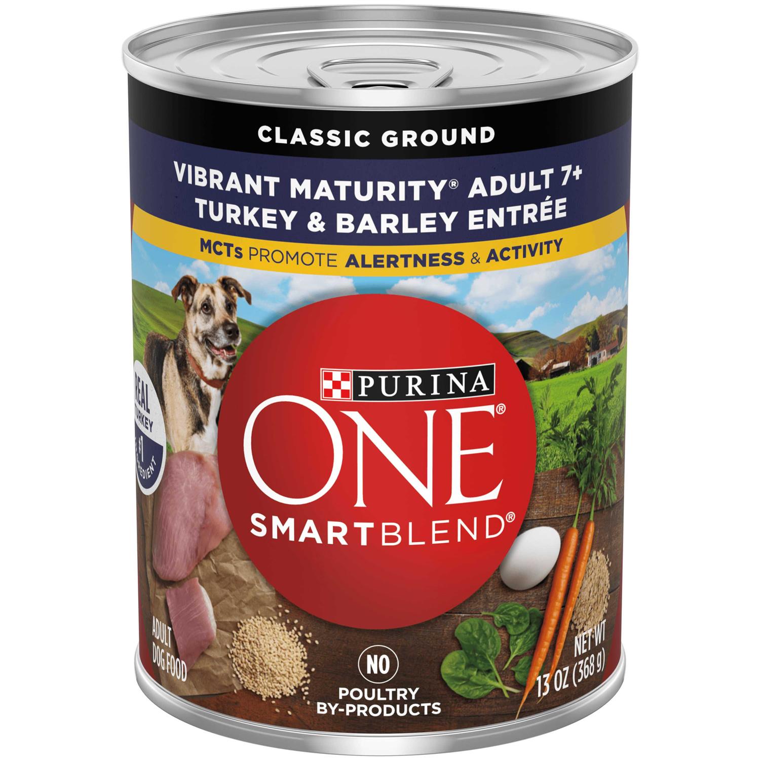 Purina ONE +Plus Adult Classic Ground Vibrant Maturity Adult 7+ Turkey & Barley Entree Canned Dog Food, 13-oz, case of 12 - Healthber