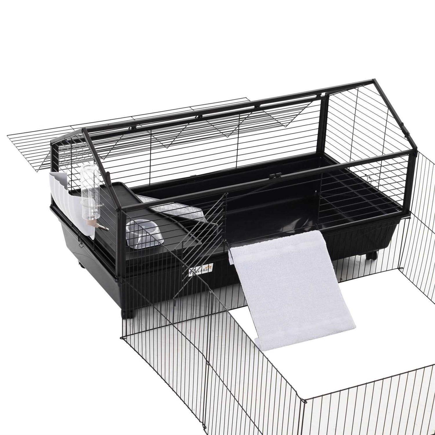 PawHut Rolling Metal Rabbit Guinea Pig or Small Animal Hutch Cage with Main House and Run - Healthber