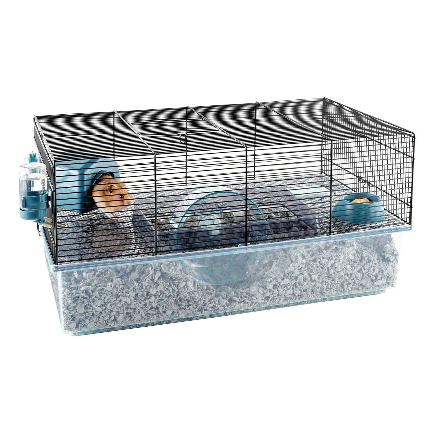 Full Cheeks Hamster Habitat Includes Cage, Wheel, Hideaway, Bottle, Bowl, Ramp, and Shelf - Healthber
