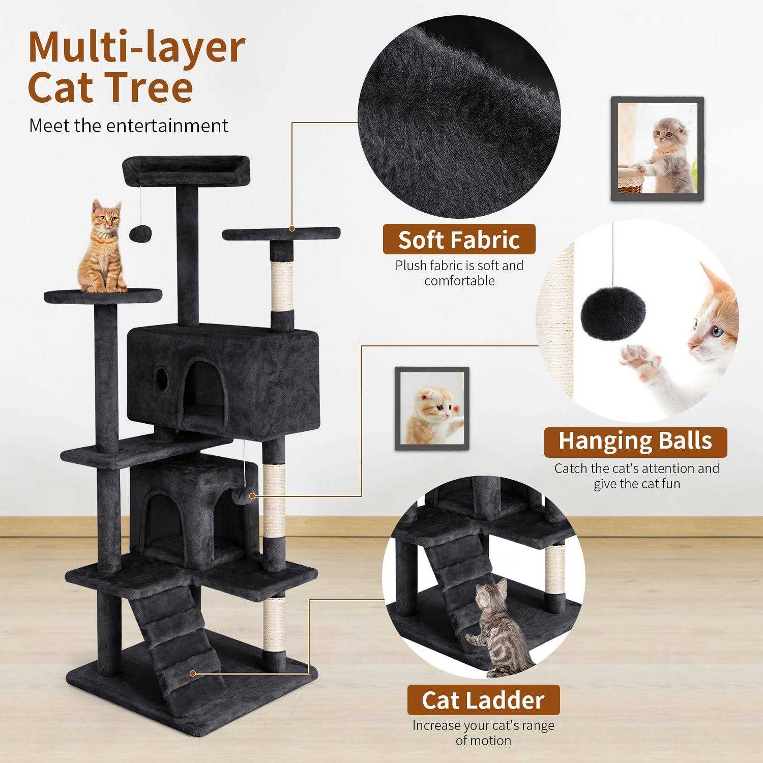 PayLessHere Cat Tree 54in Cat Tower with Cat Scratching Post,Multi-Level Cat Condo Stand House Furniture Kitty Activity Center with Furry Ball Toys - Healthber
