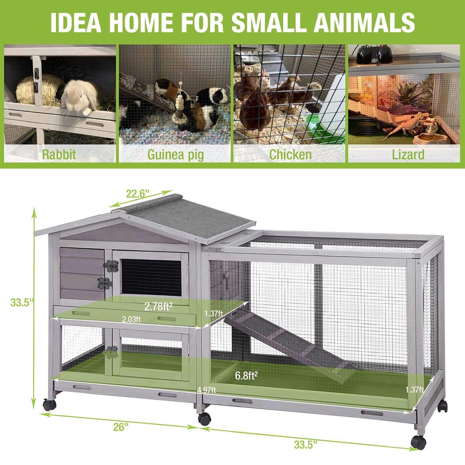 Outdoor Rabbit Hutch Indoor Bunny House on Wheels Large Guinea Pig Cage with Run for Any Small Animals,Removable Pull Out Tray - Healthber