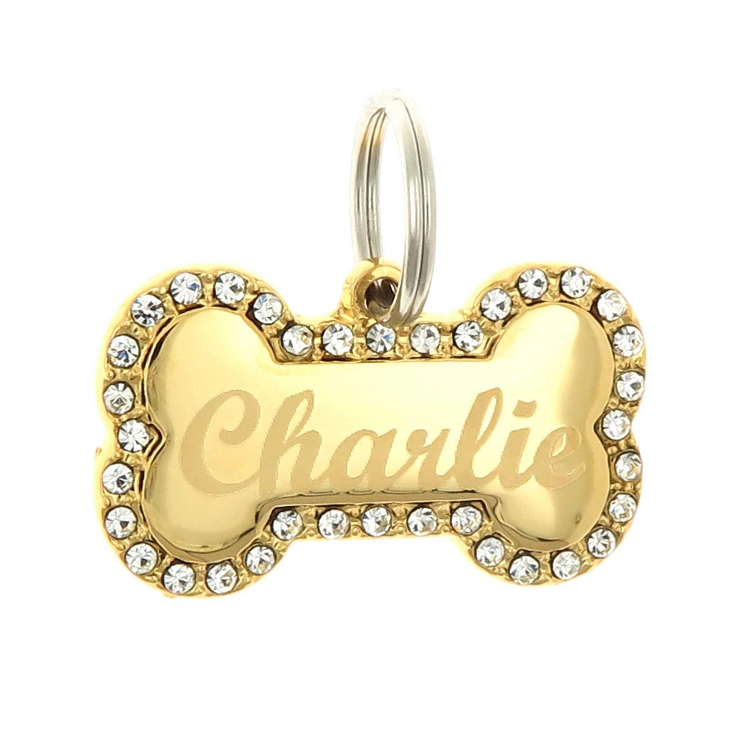Custom Engraved Personalized Gold-Plated Bone Shape w/ Clear Rhinestones Dog Pet ID Jewelry Bling Tag - Healthber