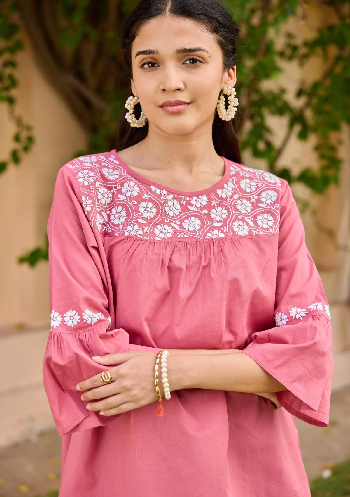 HOC Cotton Chikankari Solid Women's Top - Rust Pink - Healthber