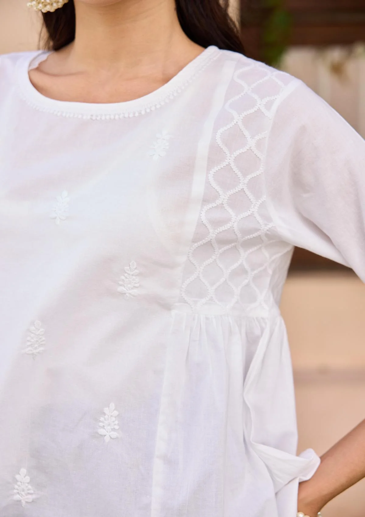 HOC Cotton Chikankari Solid Women's Top - White - Healthber