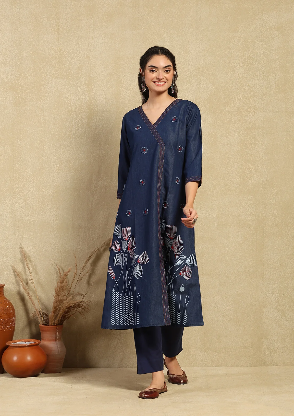 HOC Kantha Denim Printed Women's A-Line Kurta - Dark Blue - Healthber