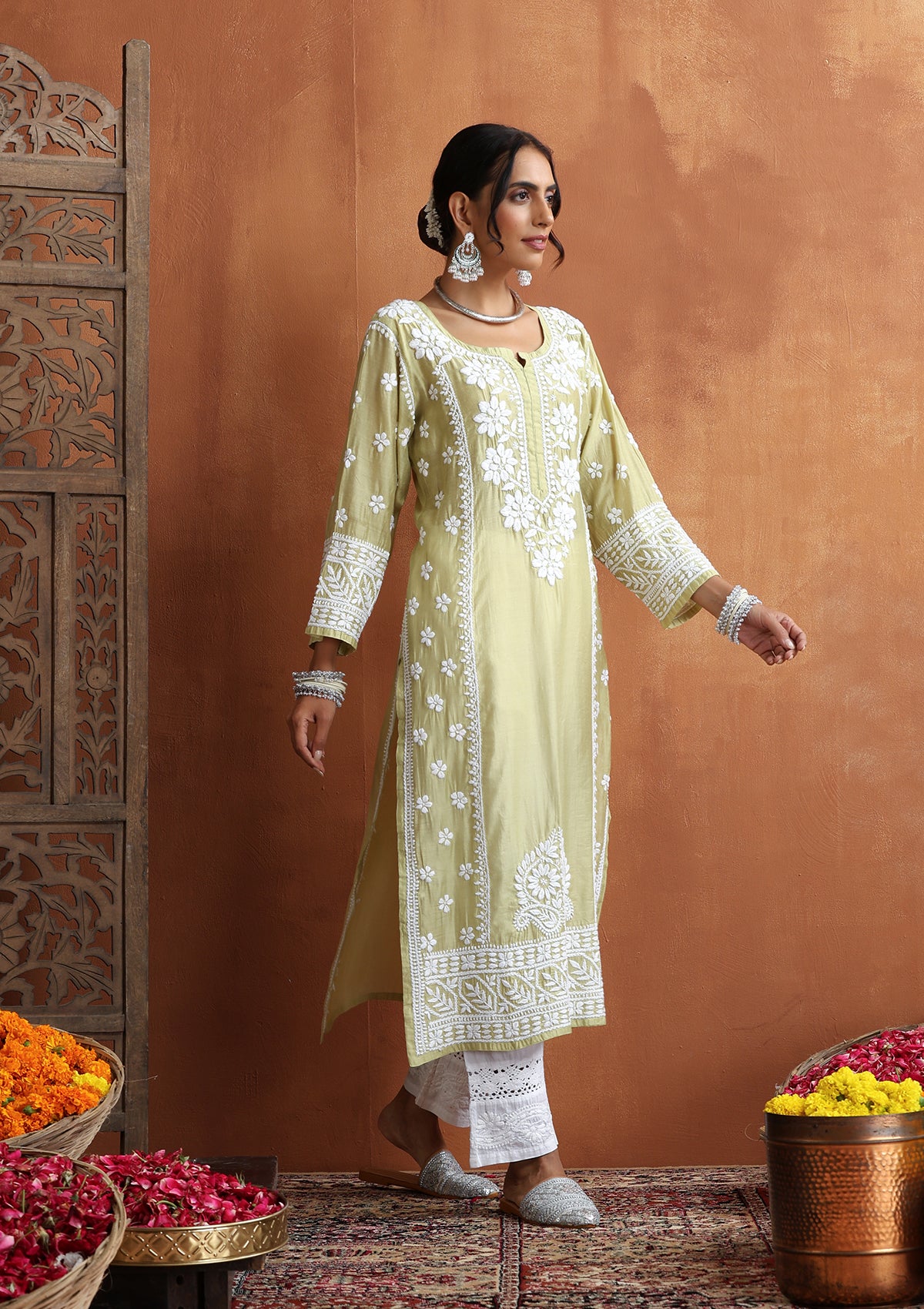 HOC Chanderi Chikankari Solid Women's Long Kurta  - Light Green - Healthber