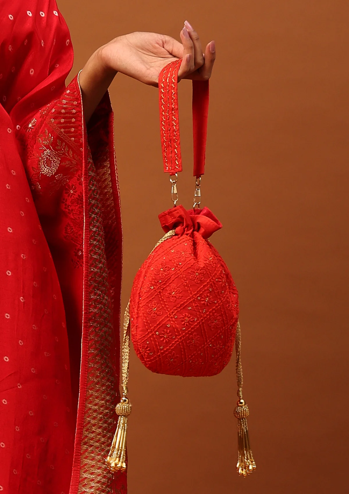 HOC Silk Chikankari Potli With Zari Work-Red - Healthber