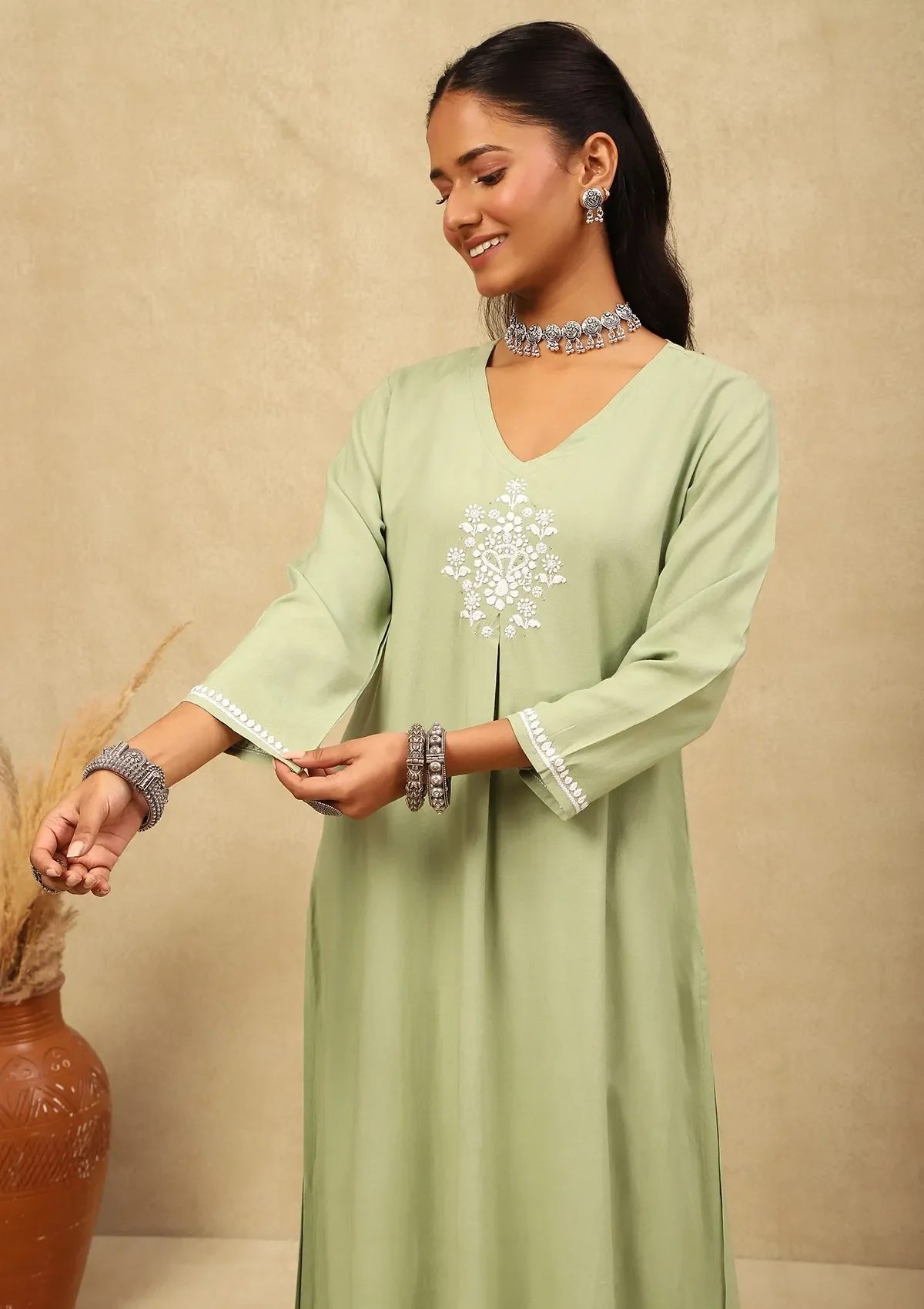 HOC Rayon Chikankari With Mukaish Solid Women's 2 PC Long Kurta Set - Green - Healthber