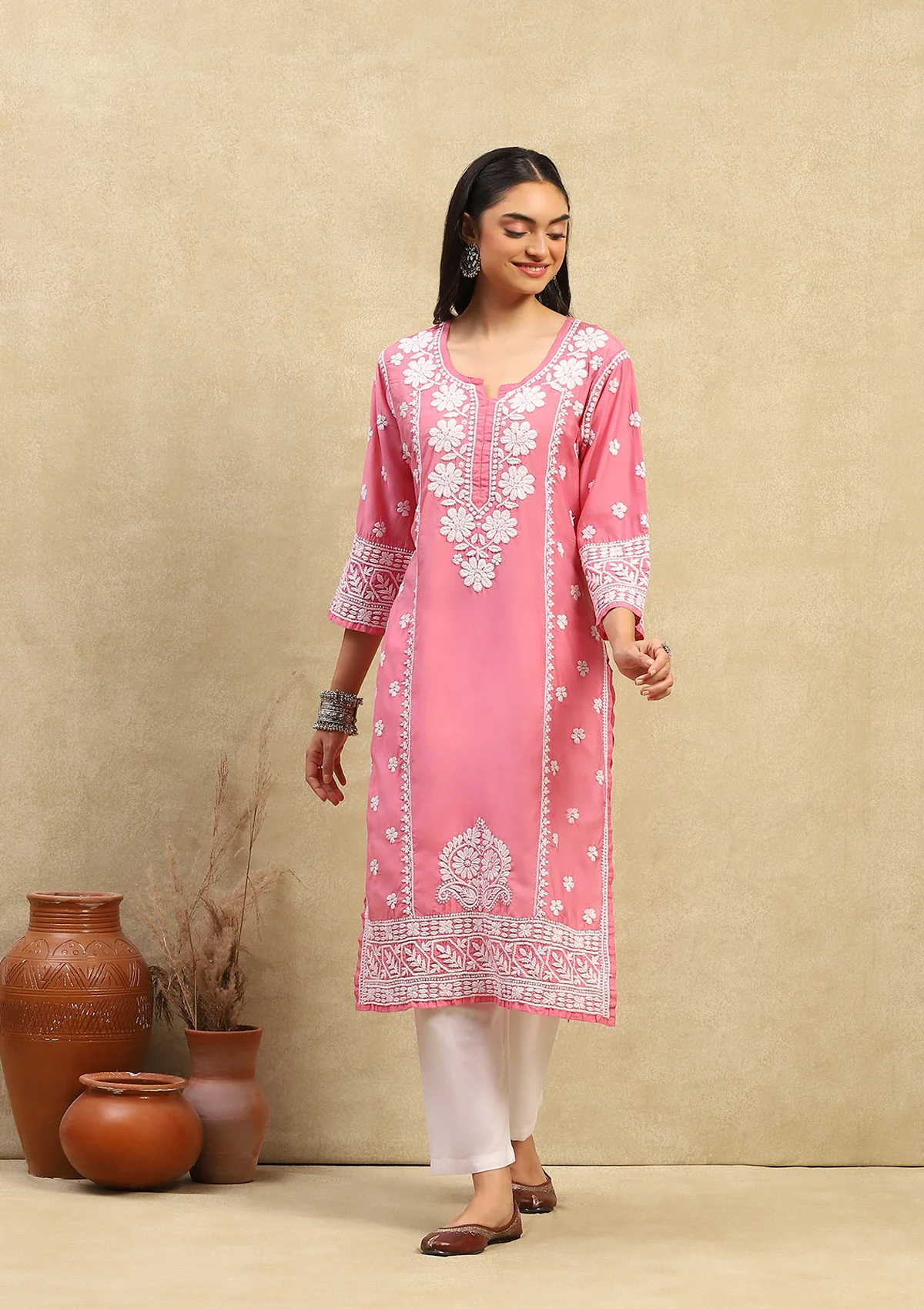 HOC Chanderi Chikankari Solid Women's Long Kurta - Pink - Healthber