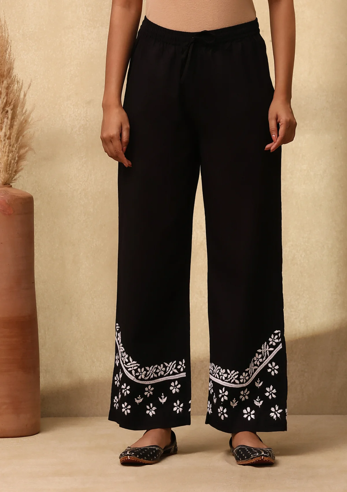 HOC Cotton Cambric Chikankari Solid Women's Palazzo - Black - Healthber