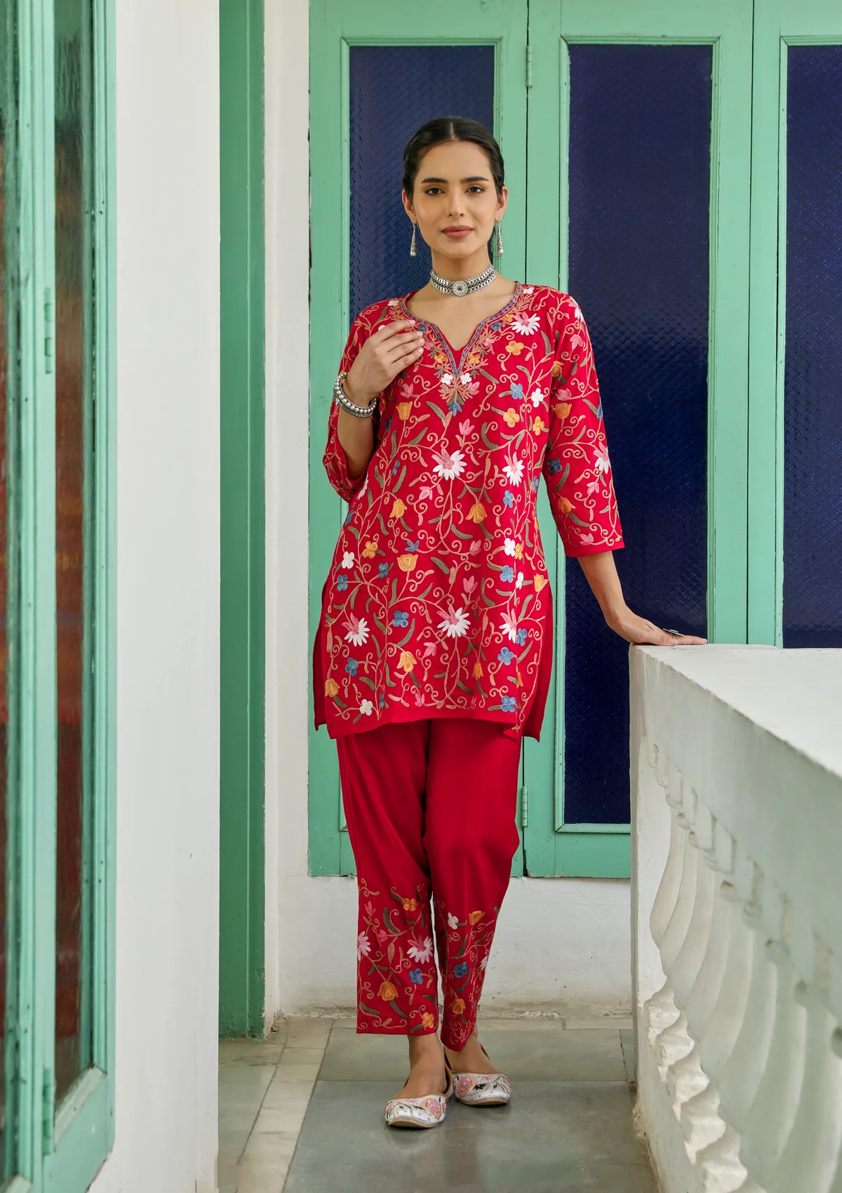 HOC Aari Embroidered Cotton Solid Women's 2 PC Co-ord Set - Red - Healthber