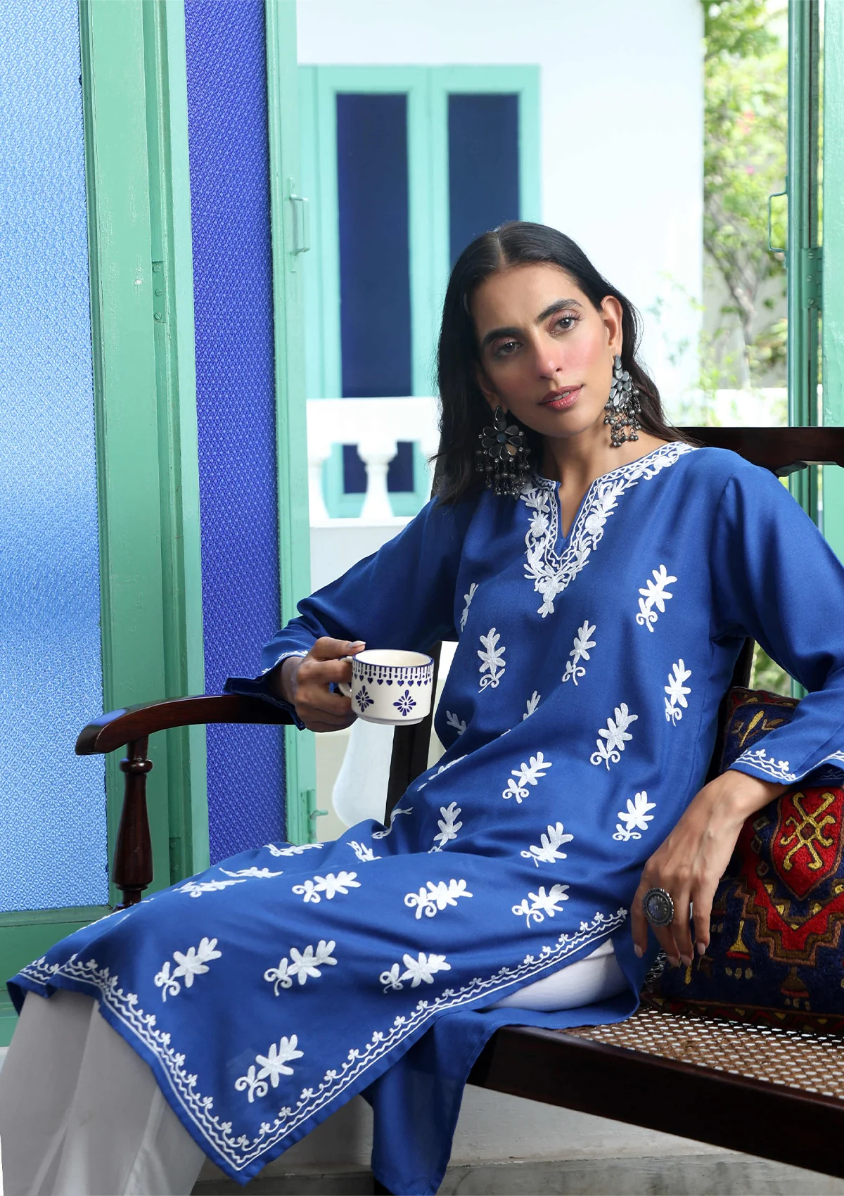 HOC Aari Embroidered Cotton Solid Women's Long Kurta - Blue - Healthber