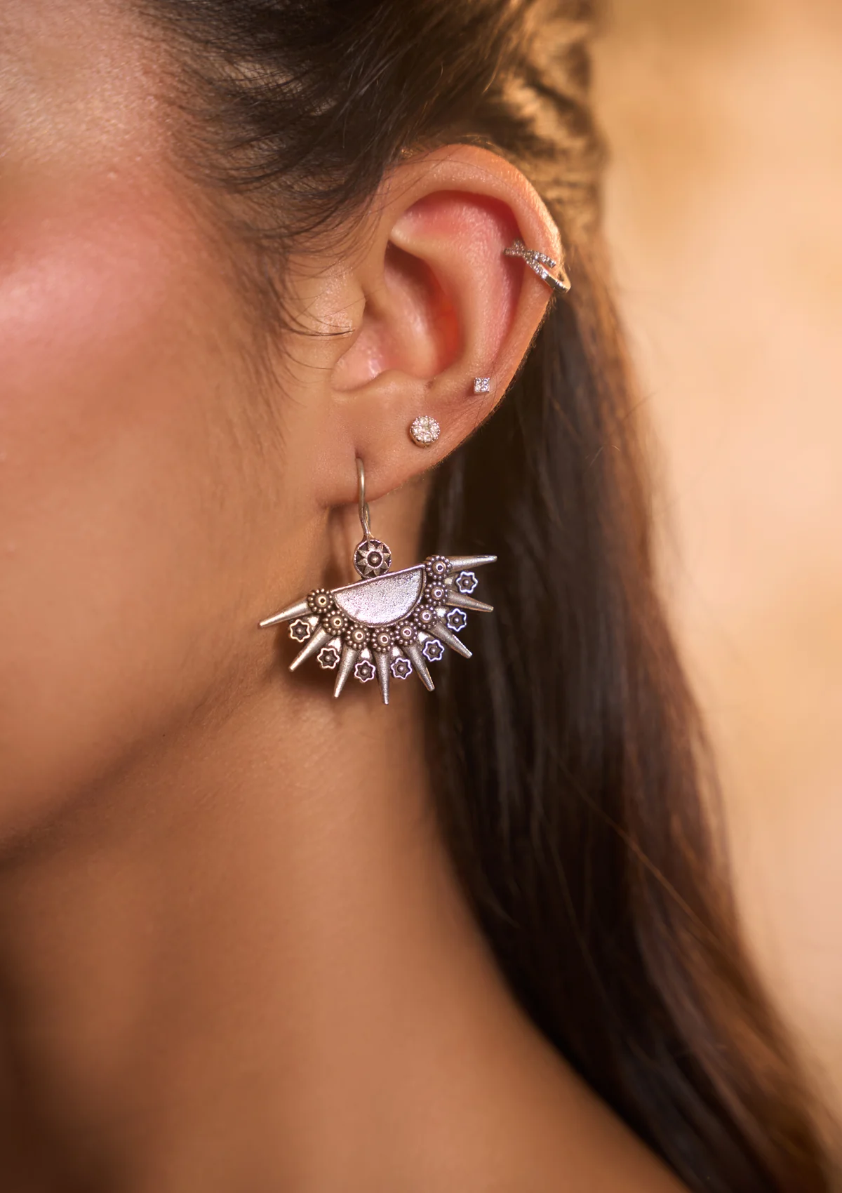 HOC Handcrafted Silver Tone Half Sun Dangle Earrings - Healthber