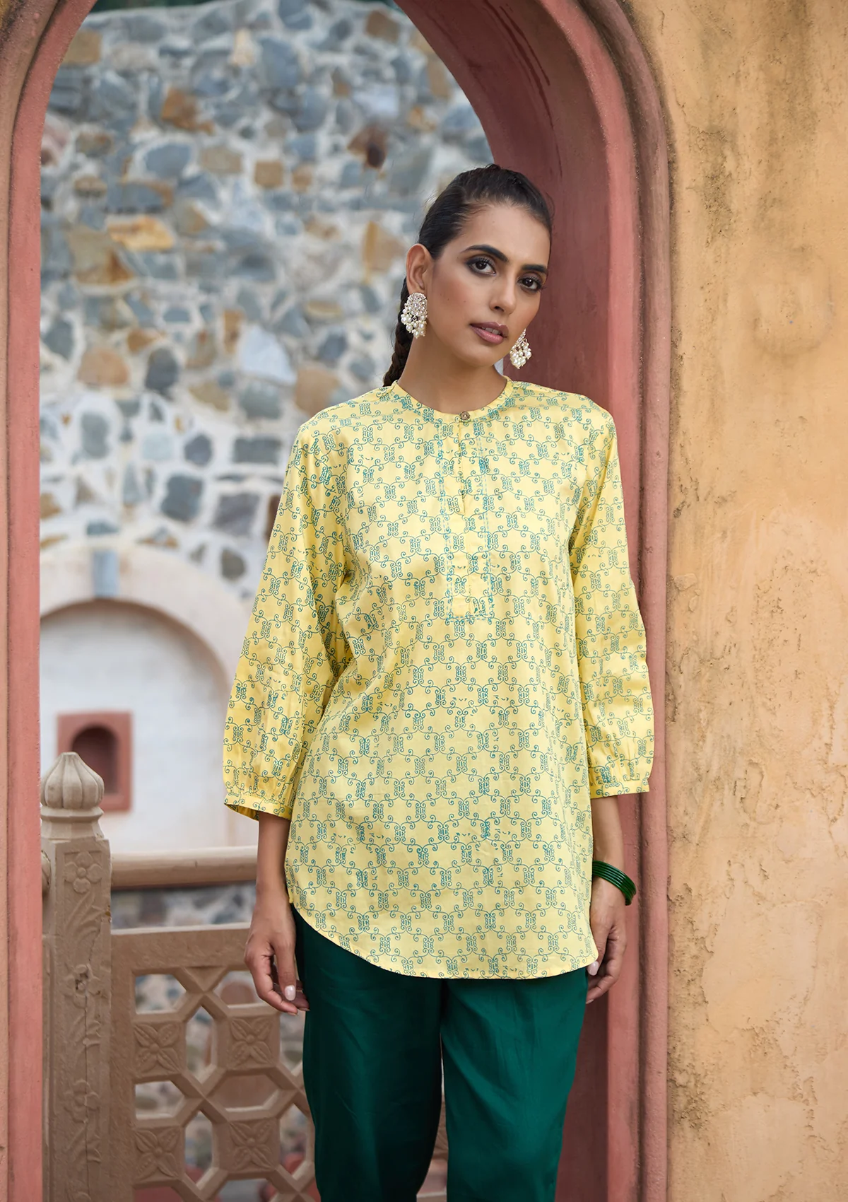 HOC Glazed Cotton Hand Block Printed Women's Short Kurta - Yellow - Healthber