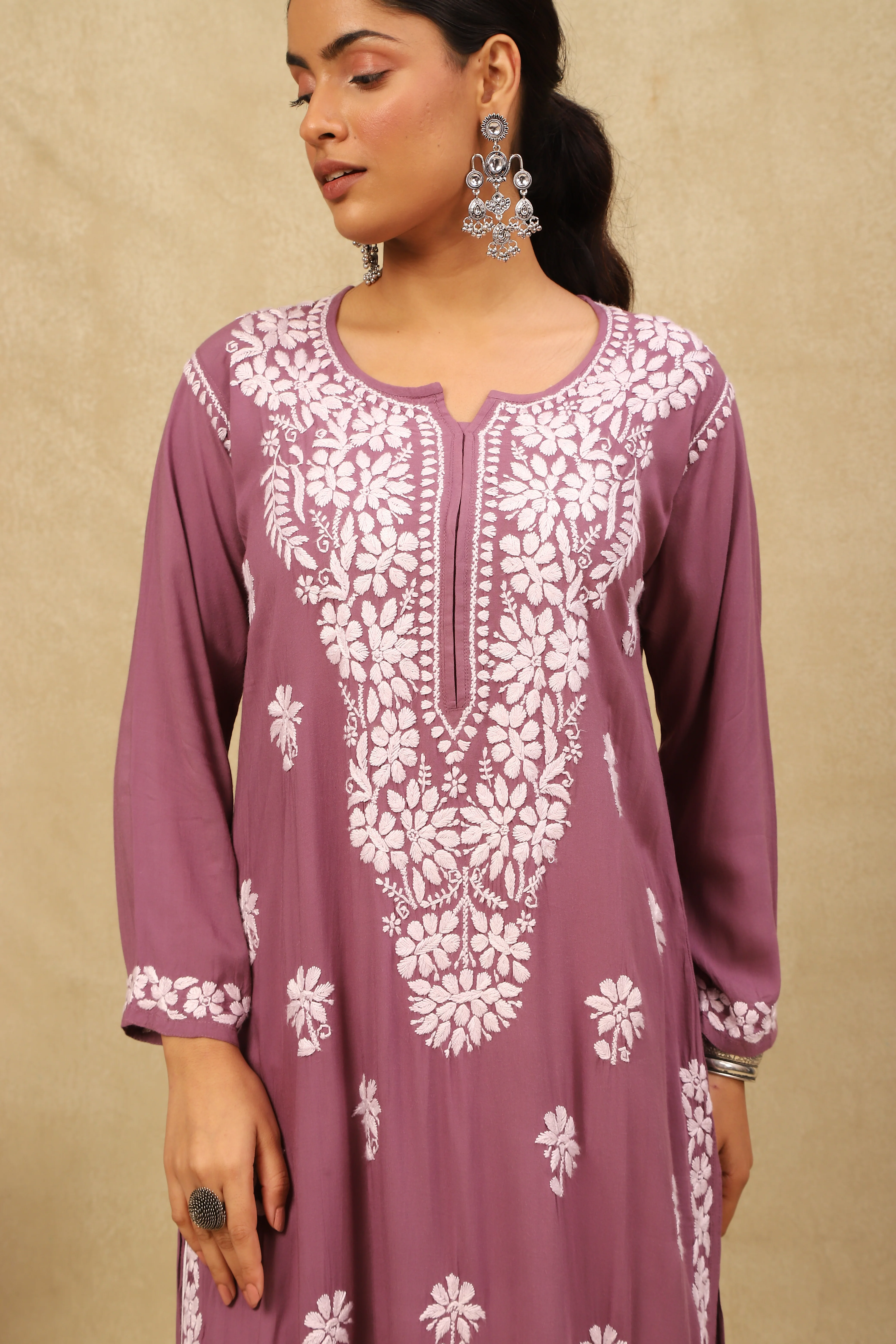 HOC Modal Chikankari Solid Women's Long Kurta -Purple - Healthber