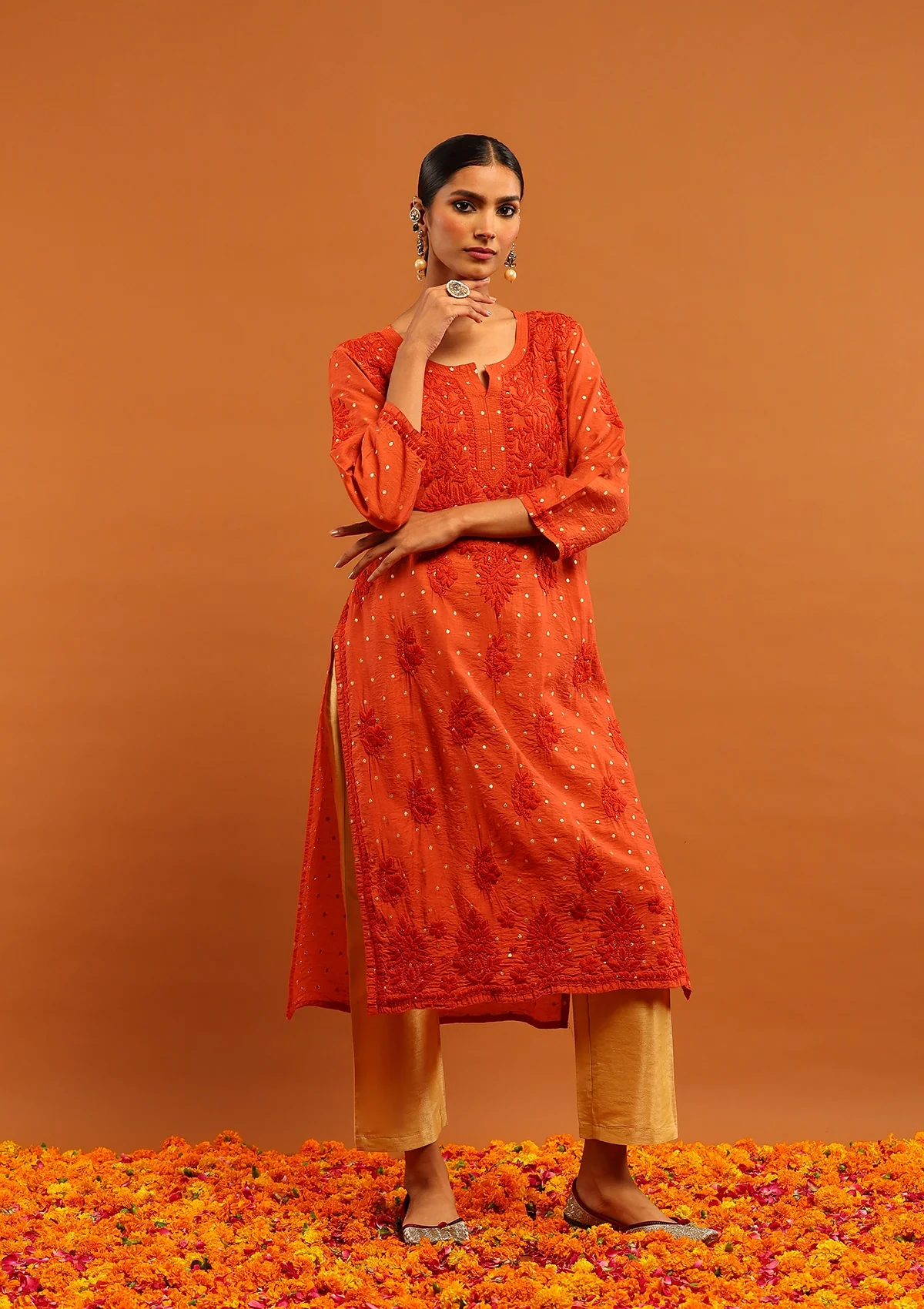 HOC Banarasi Chanderi Chikankari Solid Women's Long Kurta- Rust - Healthber